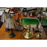 Pair of lamps with coloured glass shades, green glass library desk lamp, Art Nouveau two branch lamp