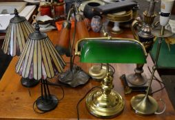 Pair of lamps with coloured glass shades, green glass library desk lamp, Art Nouveau two branch lamp