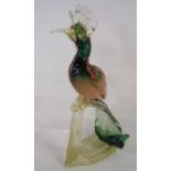 1950's Murano glass figure of stylised bird on a tree bough - gold and green body with gold flecks