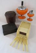 Cigarette dispensers, Bakelite tobacco pot, Souvenir cigarette box and orange ashtray and lighter on