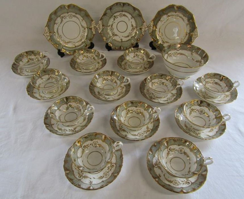 19th century porcelain tea set with grey and gold design -  includes slop bowl and cake plates
