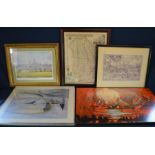 2 abstract prints, David Cuppleditch print of Lincoln & 2 re-print old maps