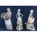 3 Lladro figurines:- girl with a turkey, girl with pail of water & girl collecting grass in her