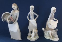3 Lladro figurines:- girl with a turkey, girl with pail of water & girl collecting grass in her