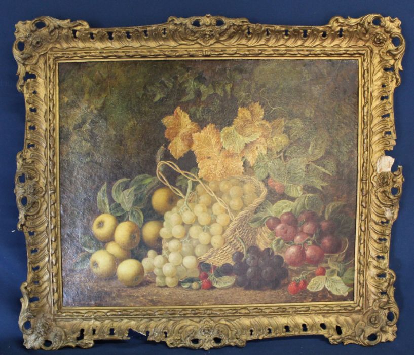 Gilt framed oil on canvas depicting still life of fruit with indistinct signature 68cm x 60cm ( - Image 4 of 7