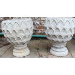 Pair of concrete deep pineapple patterned planters on circular bases