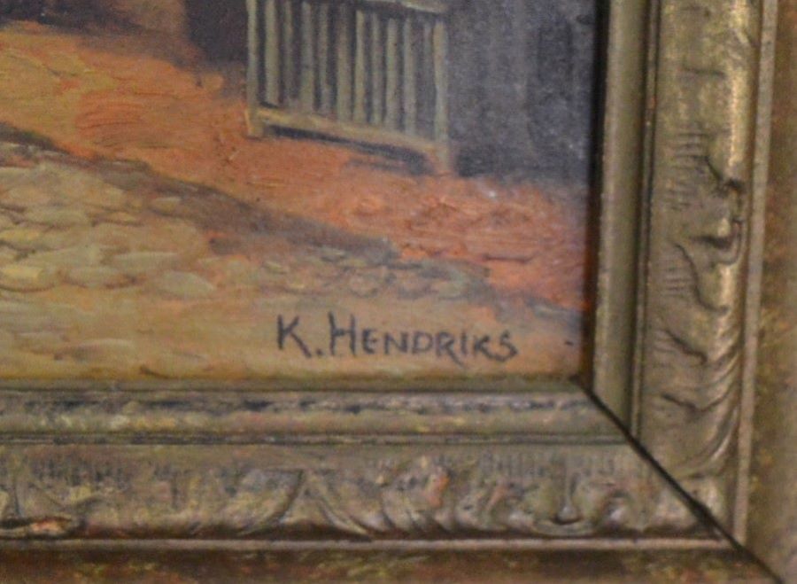 Small oil on board in the 19th century style of a Dutch street scene signed K Hendriks in a gilt - Image 3 of 4