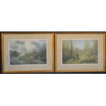 Pair of John Trickett limited edition prints of shooting scenes in gilt frames. 64cm by 50cm