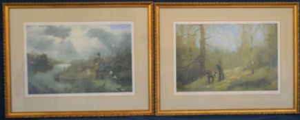 Pair of John Trickett limited edition prints of shooting scenes in gilt frames. 64cm by 50cm