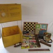 Canvas collapsible kite, cigarette collectors cards, board games, Fishpond parlour game, cribbage