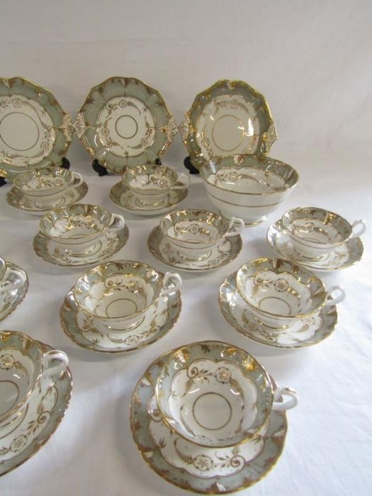 19th century porcelain tea set with grey and gold design -  includes slop bowl and cake plates - Image 3 of 5