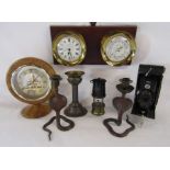 Wooden framed clock, clock and barometer duo, cast metal painted cobra candlesticks, PROV W & P B