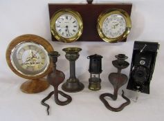 Wooden framed clock, clock and barometer duo, cast metal painted cobra candlesticks, PROV W & P B