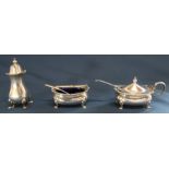 3 piece silver cruet set with one silver spoon & one plated spoon, Adie Bros Birmingham 1929, silver