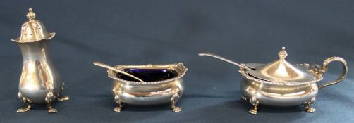 3 piece silver cruet set with one silver spoon & one plated spoon, Adie Bros Birmingham 1929, silver