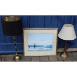 2 table lamps & framed limited edition print depicting countryside landscape after Peter Hayman