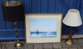 2 table lamps & framed limited edition print depicting countryside landscape after Peter Hayman