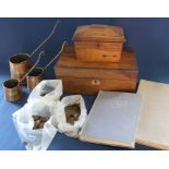 Victorian mahogany writing slope (distressed), 19th century rosewood tea caddy, 3 copper