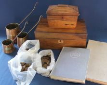 Victorian mahogany writing slope (distressed), 19th century rosewood tea caddy, 3 copper