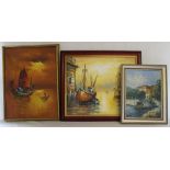 Gilt framed Yugoslavian oil on canvas depicting lake side villa signed Veloio & 2 framed Continental