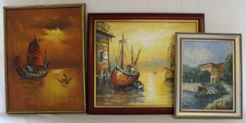 Gilt framed Yugoslavian oil on canvas depicting lake side villa signed Veloio & 2 framed Continental