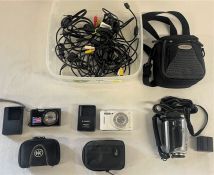 2 digital cameras, camcorder and various cables