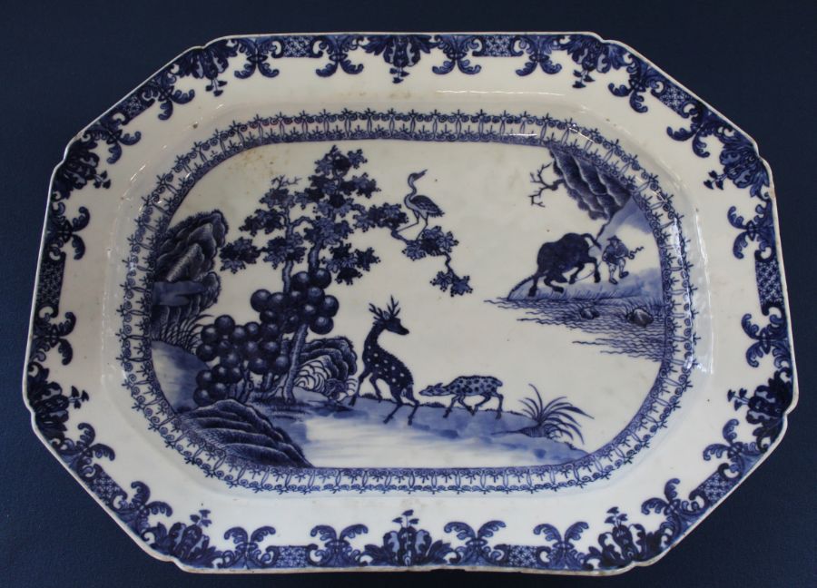 Chinese 18th century blue and white porcelain plate decorated with animals 38cm dia.