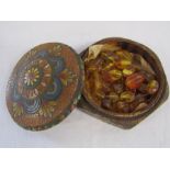 Large amber bead necklace (broken) in painted wooden box