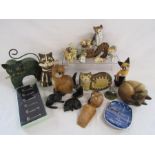 Collection of cat figures - includes wooden, tealight holder, ceramic etc and a Gantofta cat small
