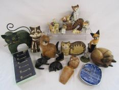 Collection of cat figures - includes wooden, tealight holder, ceramic etc and a Gantofta cat small