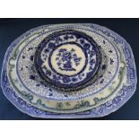 Large Spode blue & white meat plate Hundred Antiques pattern, 2 other meat plates & 4 Victorian