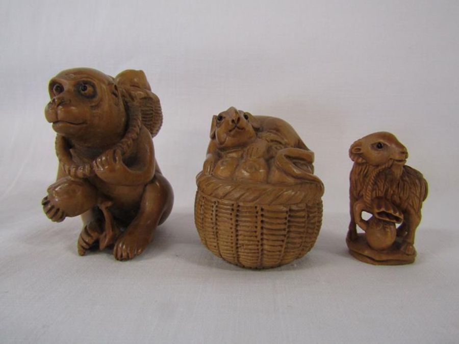 5 Wooden netsuke - monkey, mice, goat and water buffalo, - Image 5 of 5