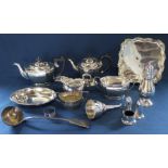 Selection of silver plate including Walker & Hall salver, sugar caster, wine funnel & large ladle