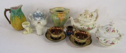 Majolica sweetcorn jug, Burleigh Ware vase with handles, Lurpak egg cup, pie funnel, Ceylon Bishop &