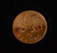 Gibraltar Elizabeth II 1975 gold £25 coin, weight 7.7g in a case