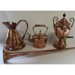 Selection of copper including samovar, kettle with acorn finial, haystack jug & coaching horn