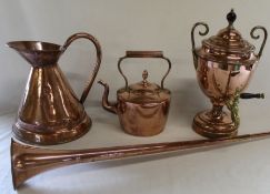Selection of copper including samovar, kettle with acorn finial, haystack jug & coaching horn