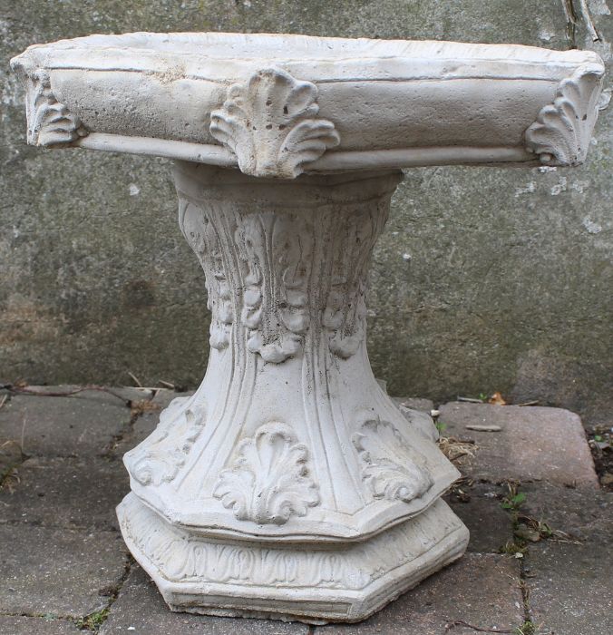 Gothic concrete bird bath with hexagonal top