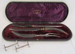 Joseph Rodgers & Son cased antler handled carving set with plaque 'Presented to EH Grayson by his