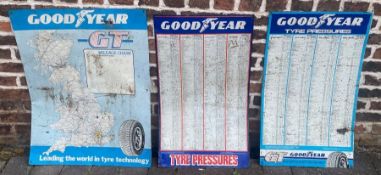 3 Goodyear metal signs / posters, including GT mileage chart and two tyre pressure charts