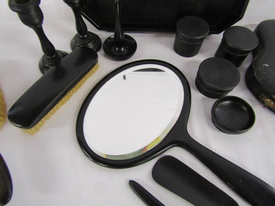 Ebony dressing table collection - includes nail care kit, brushes, candlesticks, pots etc - Image 8 of 9