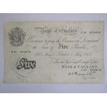 Bank of England £5 five pound note 1945 May 1 London Chief Cashier K O (Kenneth) Peppiatt J 07