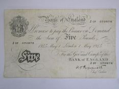 Bank of England £5 five pound note 1945 May 1 London Chief Cashier K O (Kenneth) Peppiatt J 07