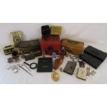 Mixed collection includes retro desk ware, cash tins, Huntley & Palmers tin, Jerusalem watch