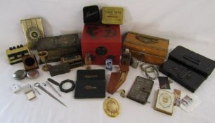 Mixed collection includes retro desk ware, cash tins, Huntley & Palmers tin, Jerusalem watch