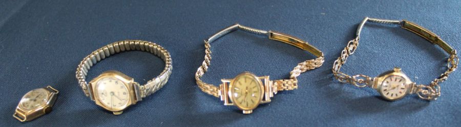 3 ladies wristwatches marked 375 including Rotary & Talis on a bracelet straps & 1 other watch face