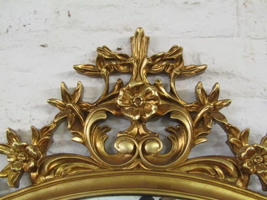 Ornately framed gilded mantel mirror Ht 116cm W 122c m - Image 2 of 3