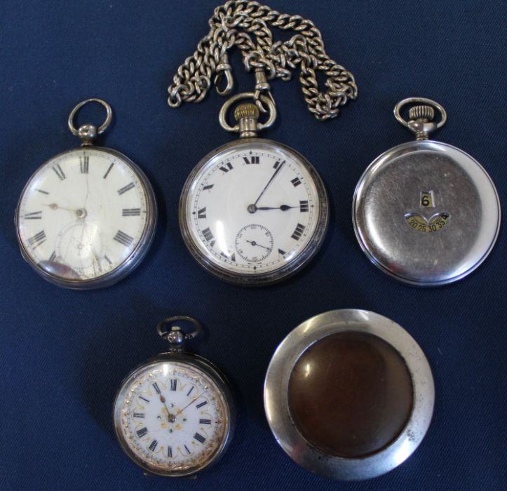 2 silver open face pocket watches, silver watch chain, Continental silver fob watch, base metal