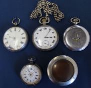 2 silver open face pocket watches, silver watch chain, Continental silver fob watch, base metal