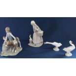 4 Lladro figurines: girl with a calf, matt figurine girl with ducklings (finger missing) & 2 geese